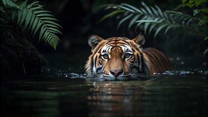Majestic tiger emerging from dark jungle water
