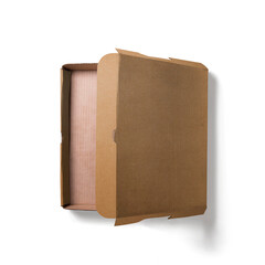 A brown cardboard box, partially open, typically used for packaging or shipping items.