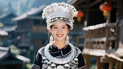 A smiling Miao girl in traditional ethnic attire, Guizhou, China.