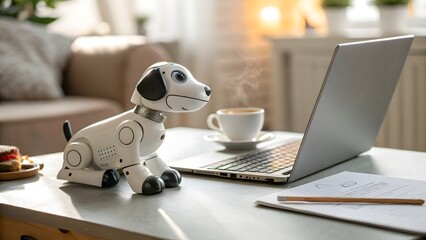Robotic dog companion on desk with laptop and coffee