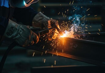 Industrial welder in a protective helmet and gloves welding a metal steel beam in a factory, with bright sparks