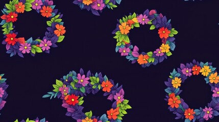 Vibrant Floral Wreaths Seamlessly Repeated in aColorful Pattern, Celebrating Nature's Beauty with a Modern Artistic Touch on a Dark Background