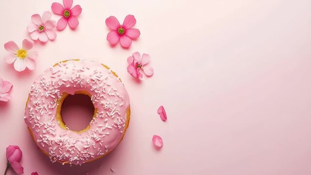 Freshly baked donut with pink glaze and sugar sprinkles - sweet and tempting treat, top view, copy space	