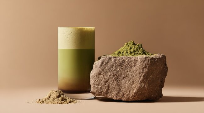 A tall glass of frothy matcha latte sits beside a rough stone holding matcha powder; beige background.  A small pile of another powder rests nearby