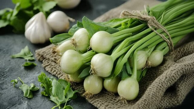Freshly harvested spring onions, garlic, and spinach create a vibrant display on a dark background, celebrating the essence of healthy eating and farm-fresh produce
