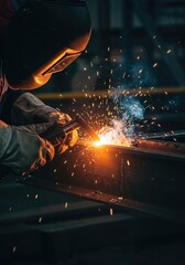 Industrial welder in a protective helmet and gloves welding a metal steel beam in a factory, with bright sparks