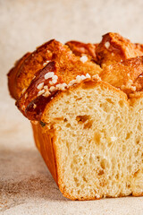 Brioche sweet baked dessert fluffy baked goods fresh delicious gourmet food background on the table...
