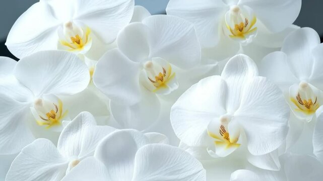 White orchid flowers blooming, showing details of petals and stamens, creating a delicate and elegant floral background