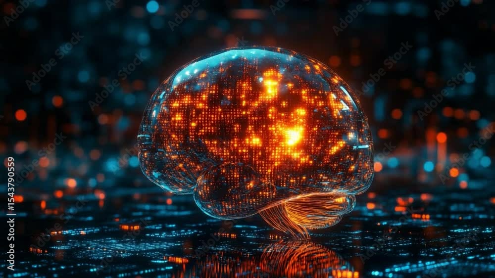 Poster intricate digital brain: this image depicts a digitally rendered brain, glowing with vibrant energy,