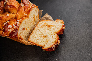 Brioche sweet baked dessert fluffy baked goods fresh delicious gourmet food background on the table rustic food top view copy space