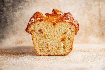 Brioche sweet baked dessert fluffy baked goods fresh delicious gourmet food background on the table...