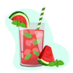 Summer watermelon cocktail with mint and cocktail tube, vector illustration