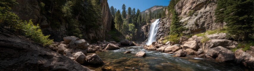 Fototapeta premium Waterfall adventure rocky mountains 360 degree hdr panoramic view