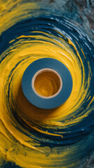 Dark Teal Painters Tape Roll on Swirled Yellow and Blue Paint