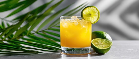 Fototapeta premium mango juice fresh flavorful concept. Refreshing citrus drink served with ice and garnished with a lime slice.