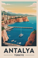 Obraz premium Vintage Travel Poster of Antalya Cliffs and Mediterranean Coastline, Turkey