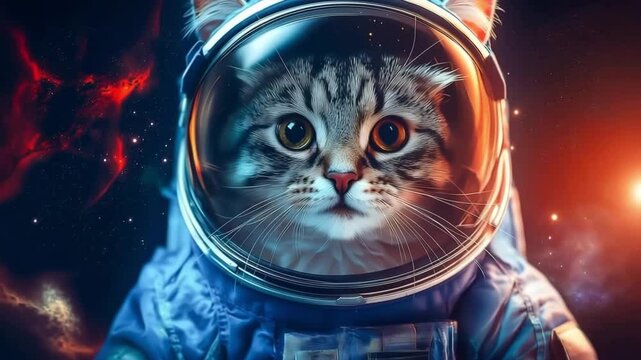 A funny cat wearing spacesuit in the galaxy. Animal astronauts in space, Space exploration. Cat in a spacesuit in the galaxy	

