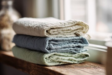 A stack of three soft, textured linen cloths in muted pastel shades of cream, blue, and green rests on a rustic wooden surface near a window