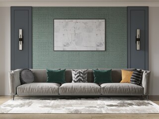 Mockup of a fashionable living room with a classic comfortable sofa and an original decorative background, 3D rendering.
