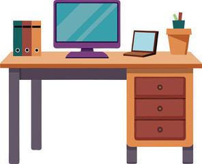 office desk with computer, vector illustration of office desk, vector illustration of computer