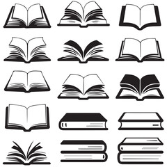 Collection of black and white book icons and illustrations