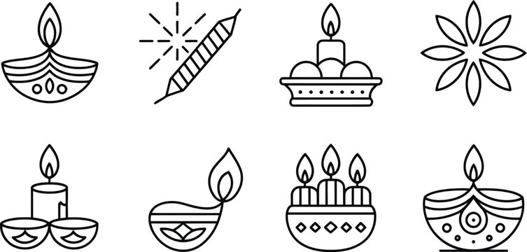 Line art illustration of diwali elements including diyas and sparklers - Powered by Adobe