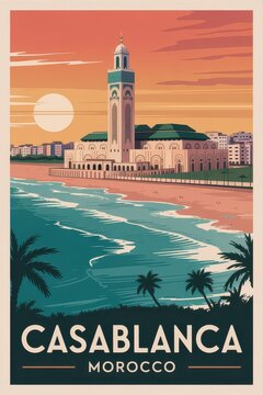Vintage Travel Poster of Casablanca Coastline and Hassan II Mosque at Sunset, Morocco