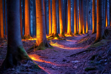 Serene forest path illuminated by glowing trees creates dreamlike atmosphere, inviting exploration and wonder