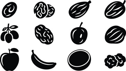 A collection of black and white fruit and nut icons on a white background