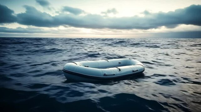 An empty rubber dinghy at sea with dark clouds	