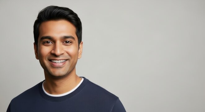 smiling indian man with braces on teeth in casual attire against neutral background. portrait with friendly expression and approachable demeanor. corporate profile, website banner with copy space