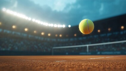 Tennis ball in flight over clay court at night