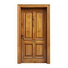 Elegant wooden door with brass hardware isolated on transparent background