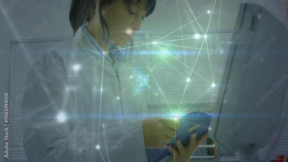 Poster lab technician tapping tablet screen and initiating animated network overlays for data analysis