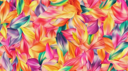 Obraz premium Colorful overlapping tropical leaves in a seamless pattern. Bright pink orange teal watercolor texture fills the frame. Express creativity and optimistic energy. Ideal for packaging, fabric