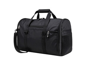 Black nylon duffel bag with shoulder strap, pockets, and zippers