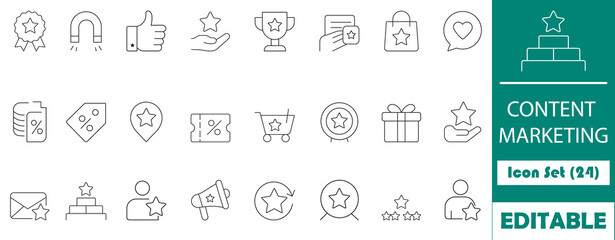 This clean and editable 24-icon line set illustrates key content marketing elements like SEO, engagement, and loyalty—perfect for digital campaigns and branding visuals.