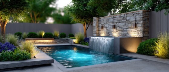 relaxing backyard garden concept. Modern pool and waterfall feature surrounded by lush greenery and stone accents.