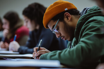 A focused student in a lecture hall diligently taking detailed notes during a lecture. Generative AI