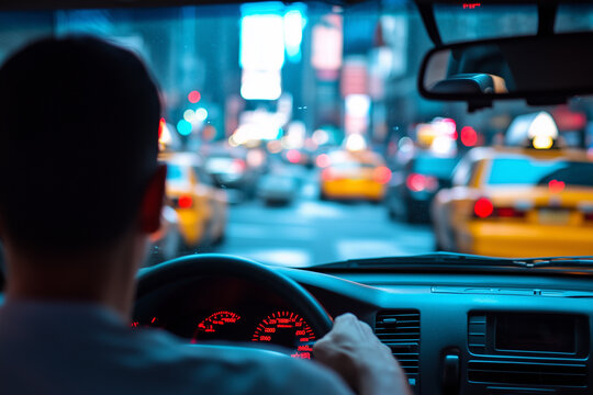 Evening drive through busy streets of a vibrant city filled with taxis and lights. Generative AI - Powered by Adobe