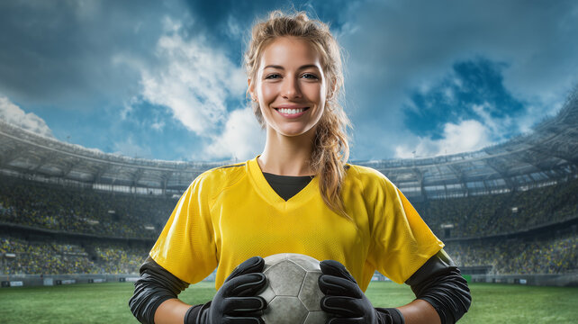 Female Soccer Player Holding Ball with Digital Data Overlay
- Powered by Adobe