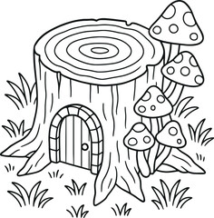 Cute tree stump house with mushrooms coloring page