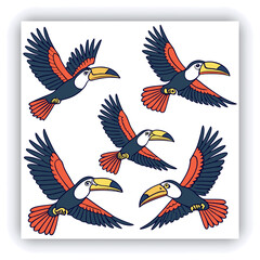 Horizontal banner with two beautiful colorful toucan birds (Ramphastidae) on a branch in a rainforest. Couple of toucan bird and leaves of tropical plants on sunny background. Copy space for text