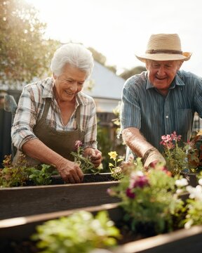 Senior Couple Gardening Planting Flowers Retirement Lifestyle Outdoor Activities