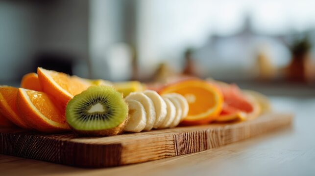 Vibrant Fruit Platter Sliced Oranges Kiwi Banana on Wooden Board