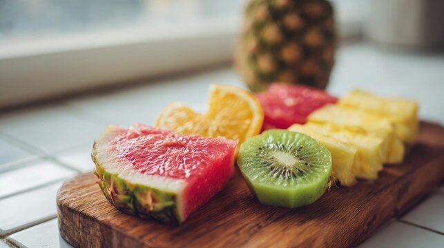 Tropical Fruit Platter Pineapple Watermelon Kiwi Orange Slices on Wooden Board