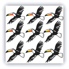 Obraz premium Horizontal banner with two beautiful colorful toucan birds (Ramphastidae) on a branch in a rainforest. Couple of toucan bird and leaves of tropical plants on sunny background. Copy space for text