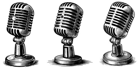 Mic Check Podcast microphone classic vintage linework ink sketch hand drawn pen drawing vector illustration background