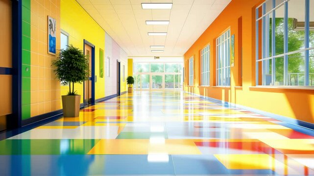 An modern colorful elementary school hallway, for a preschool to Kindergarten audience	

