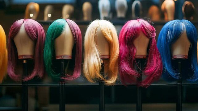Front view of different colors of wigs on mannequin heads in fashion store, Fashion woman wig stands	